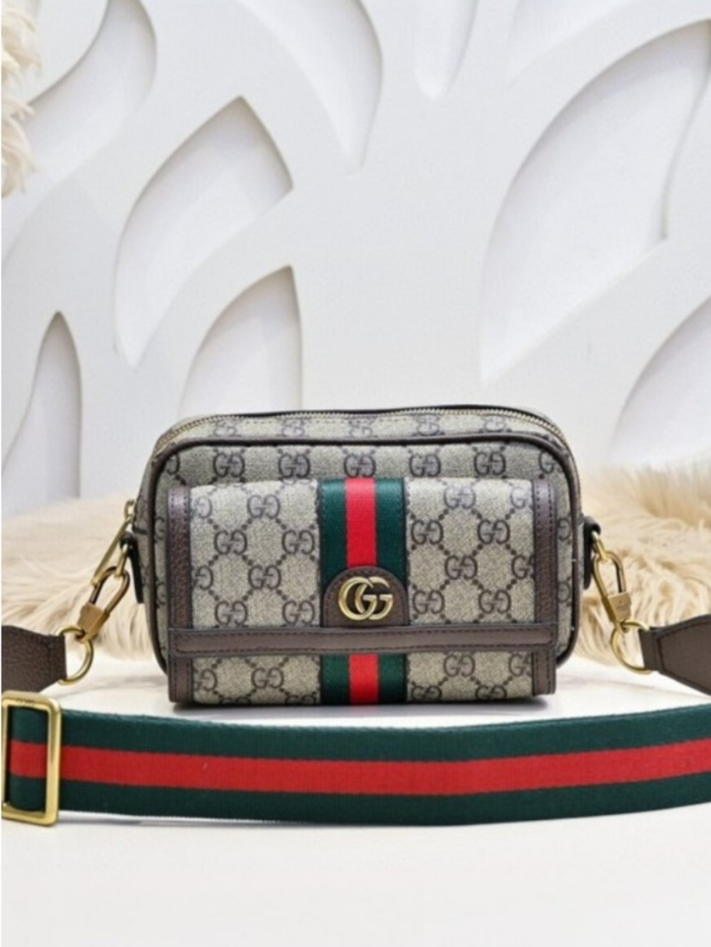 Gucci Beige GG Supreme Canvas Ophidia Mini Bag with Green-Red Stripe